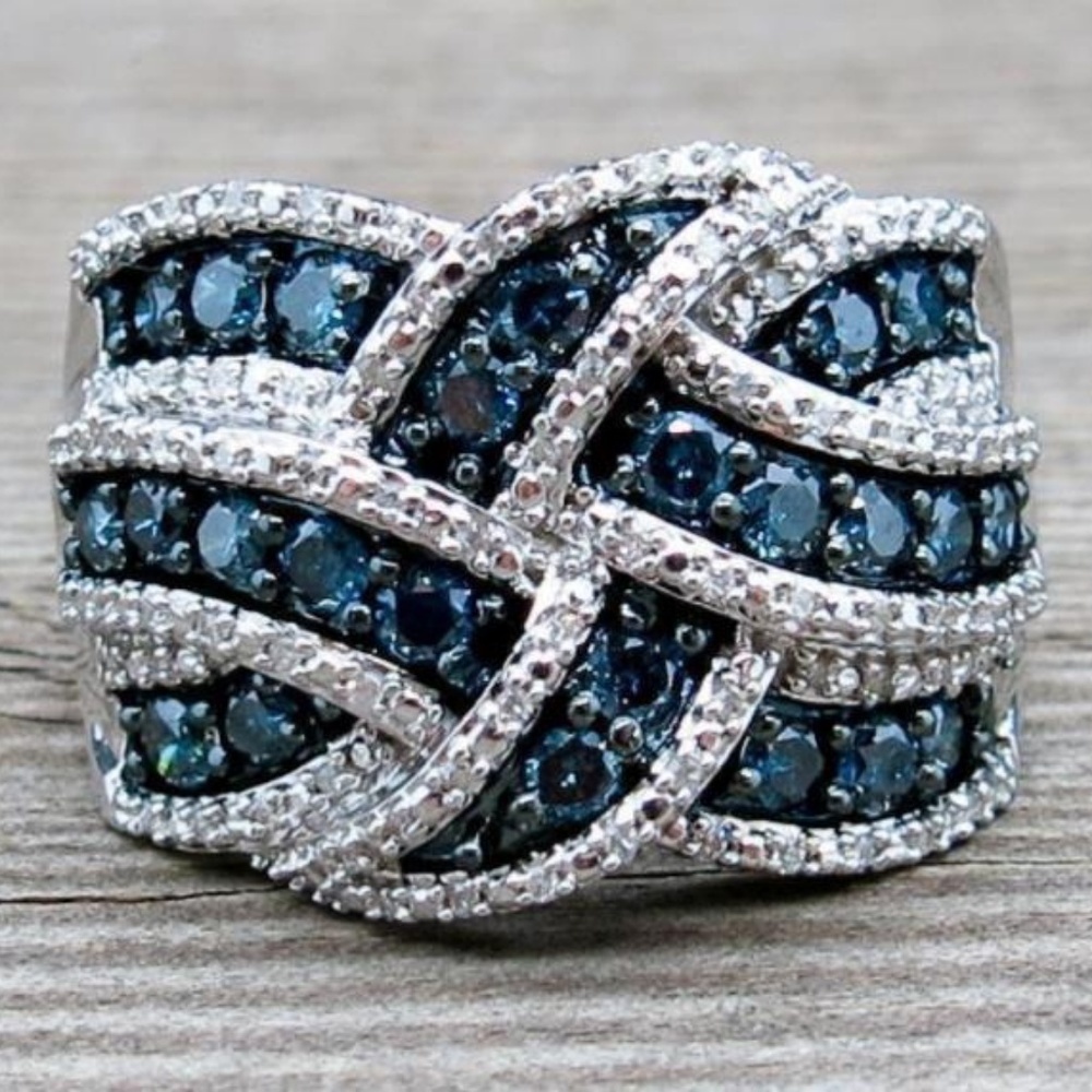 *NEW Silver Blue Sapphire Braided Wide Band Ring